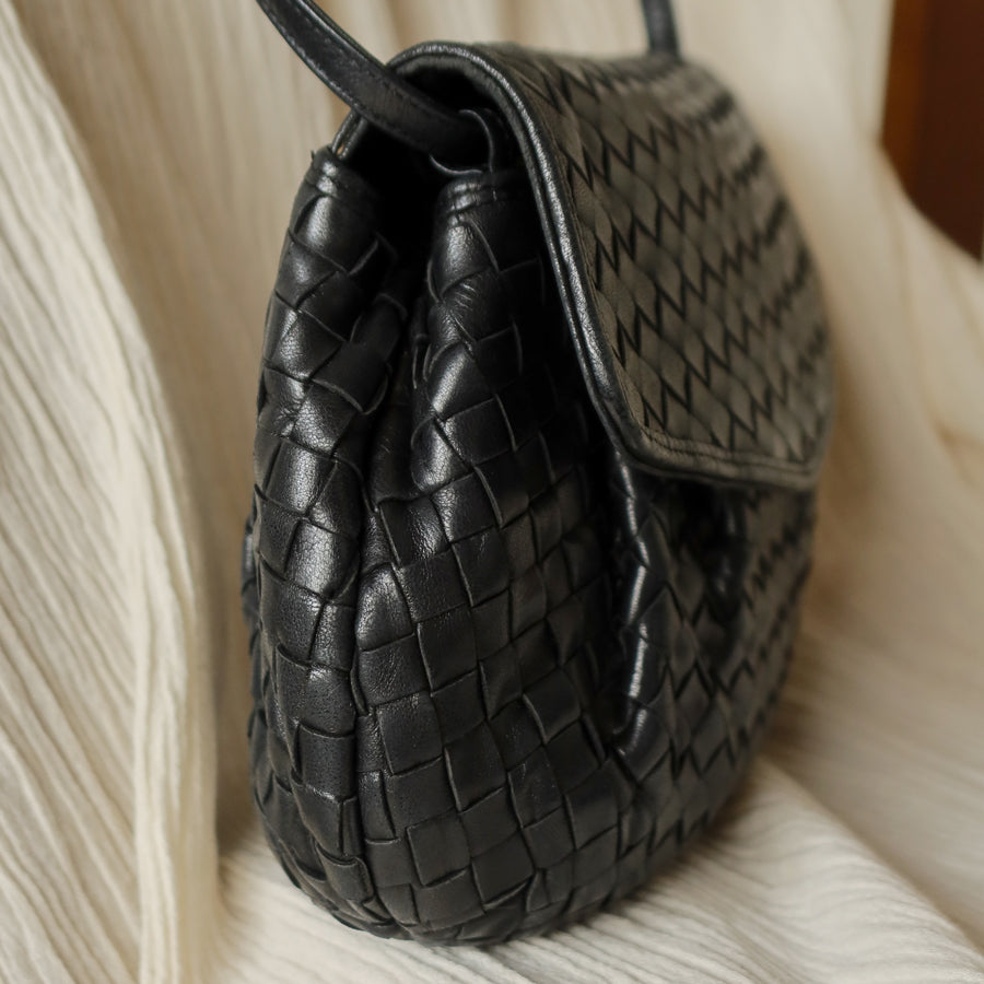 Bottega Veneta Vintage Black Intrecciato Weave Pouch Shoulder Bag