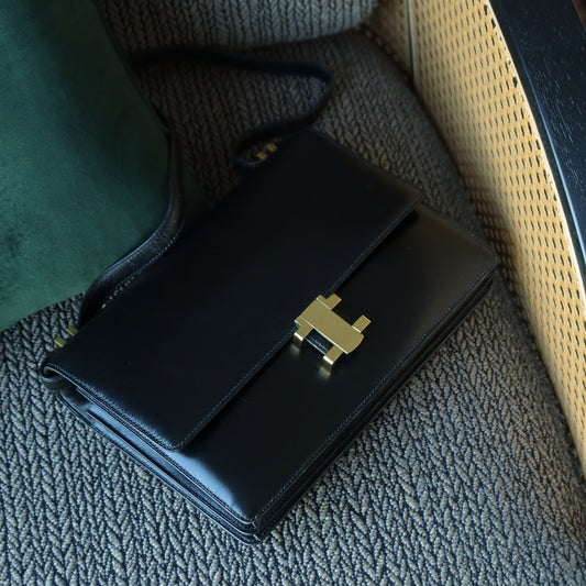 Vintage Hermès 70s Black Box Calf Leather Gold buckle Shoulder Bag