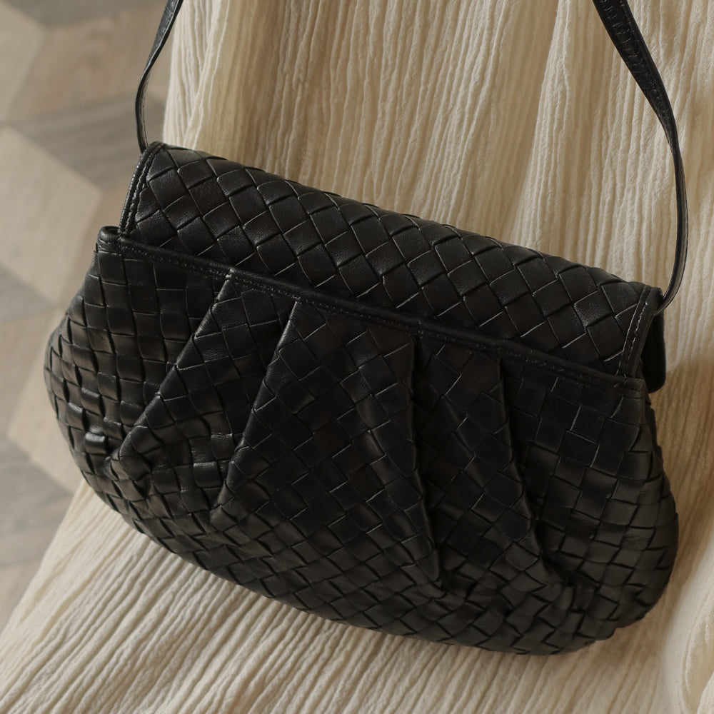 Bottega Veneta Vintage Black Intrecciato Weave Pouch Shoulder Bag