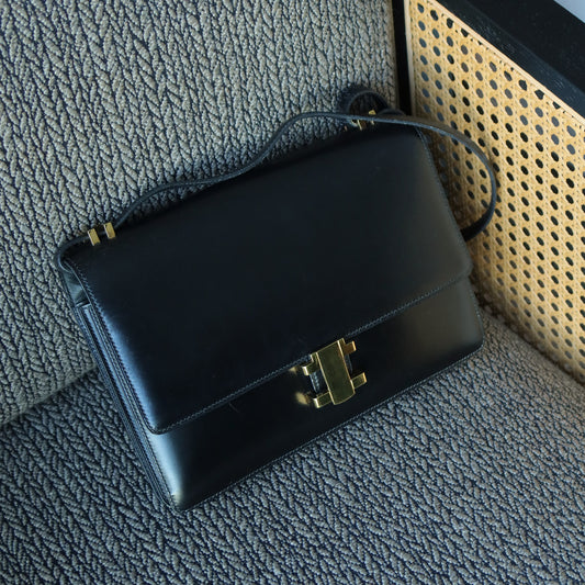 Hermès Vintage 70s Black Box Calf Leather 2 way Shoulder Clutch Bag