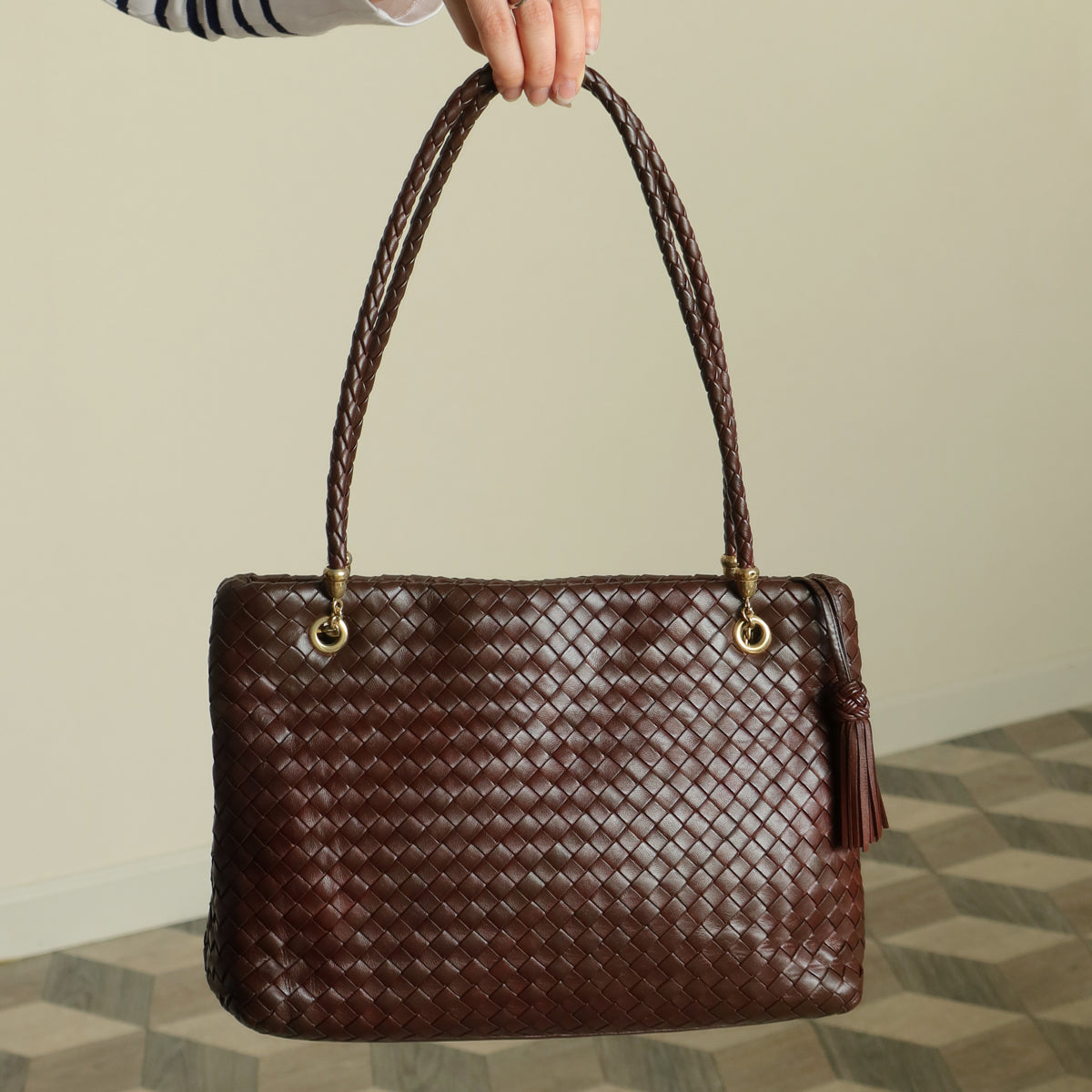Rare Bottega Veneta Vintage Dark Brown Intrecciato Braided Strap Shoulder Bag