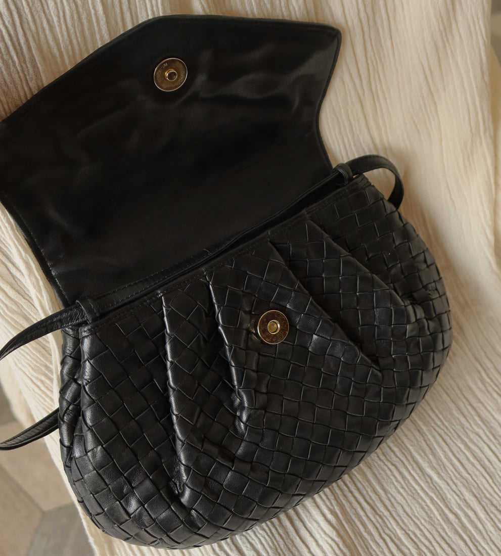 Bottega Veneta Vintage Black Intrecciato Weave Pouch Shoulder Bag