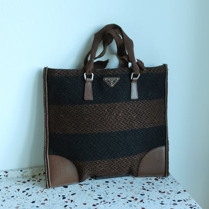 Prada Vintage Brown Black Wool Tweed x Leather Flat Tote Bag