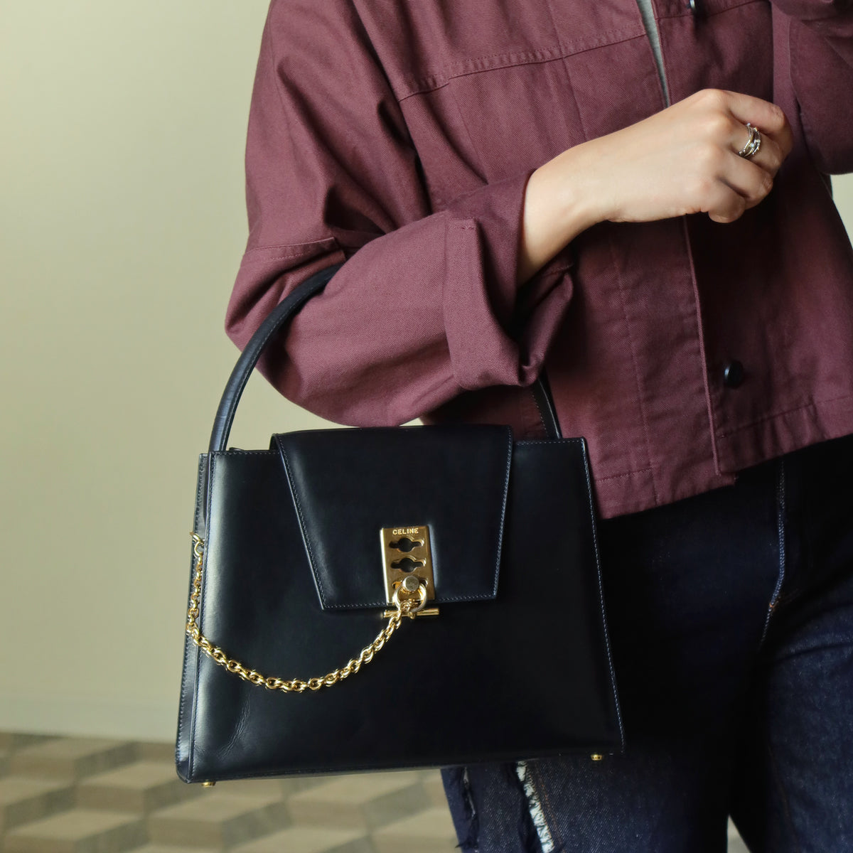 Celine Vintage Classic Black Leather Gold chain lock Top Handle 2 way Bag