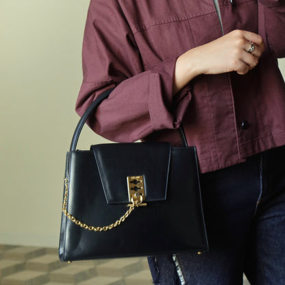 Celine Vintage Classic Black Leather Gold chain lock Top Handle 2 way Bag