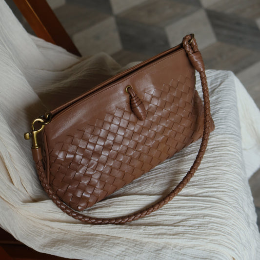 Bottega Veneta Vintage Brown Intrecciato Woven Pochette Shoulder Bag