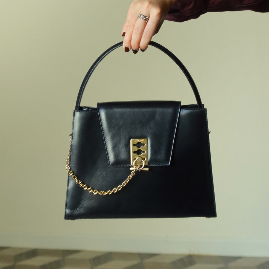 Celine Vintage Classic Black Leather Gold chain lock Top Handle 2 way Bag