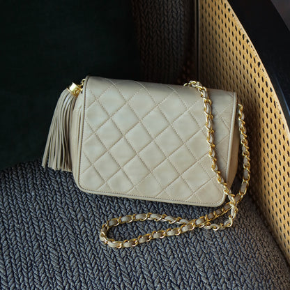 Chanel Vintage Matelasse Quilted Beige Lambskin Coco Fringe Flap Bag