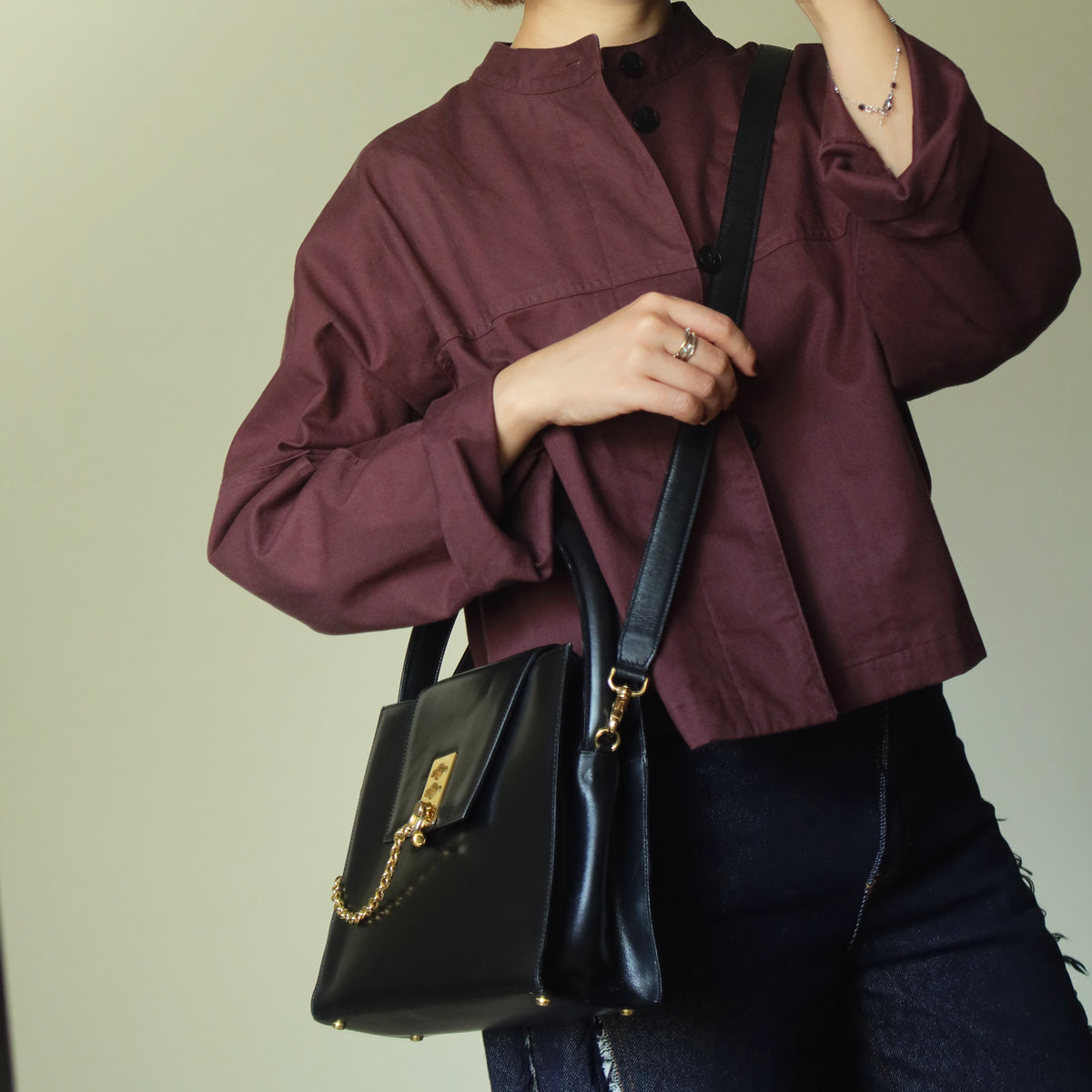 Celine Vintage Classic Black Leather Gold chain lock Top Handle 2 way Bag