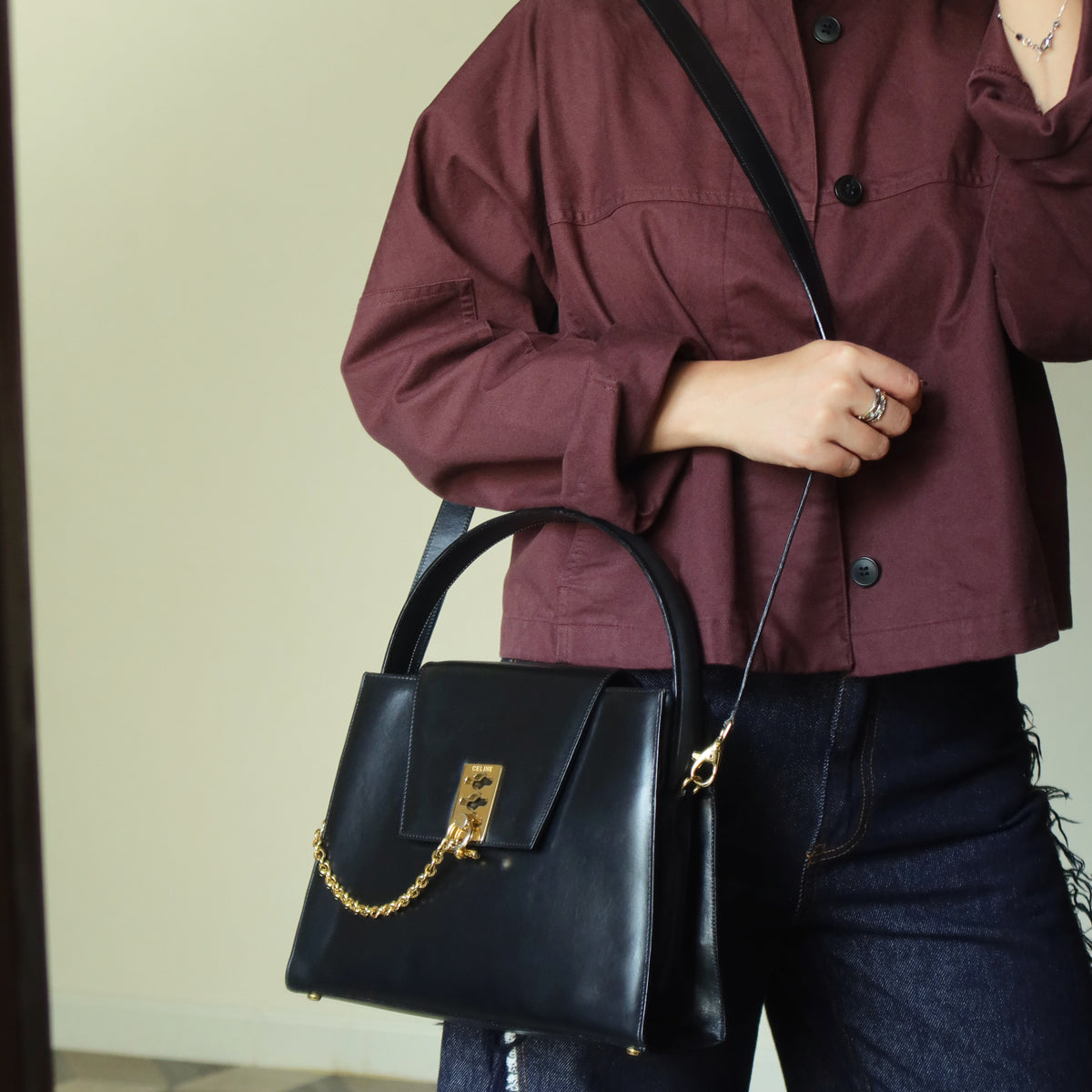 Celine Vintage Classic Black Leather Gold chain lock Top Handle 2 way Bag