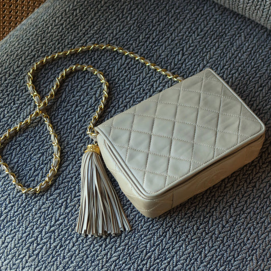 Chanel Vintage Matelasse Quilted Beige Lambskin Coco Fringe Flap Bag