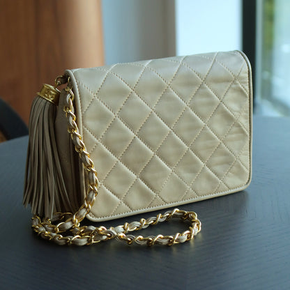 Chanel Vintage Matelasse Quilted Beige Lambskin Coco Fringe Flap Bag