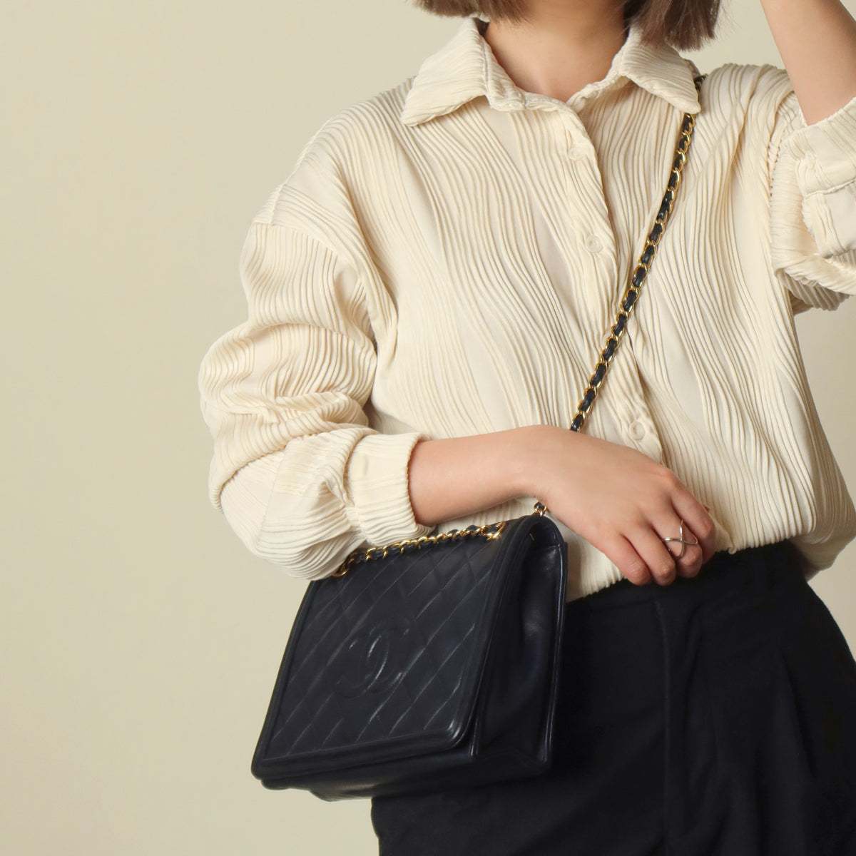 Chanel Vintage Lambskin Matelasse Diamond Quilted CC mark Double Chain Flap Bag