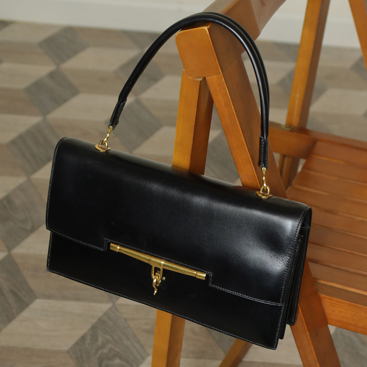 Vintage Hermes 1950s Black Box Calf Leather Shoulder Bag