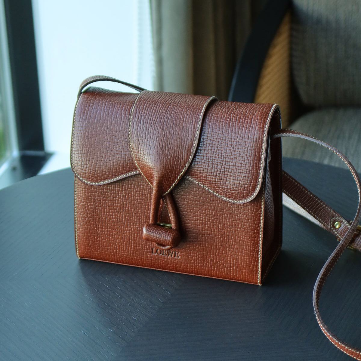 Loewe Vintage Brown Grained Leather Knot Turn lock Crossbody Bag