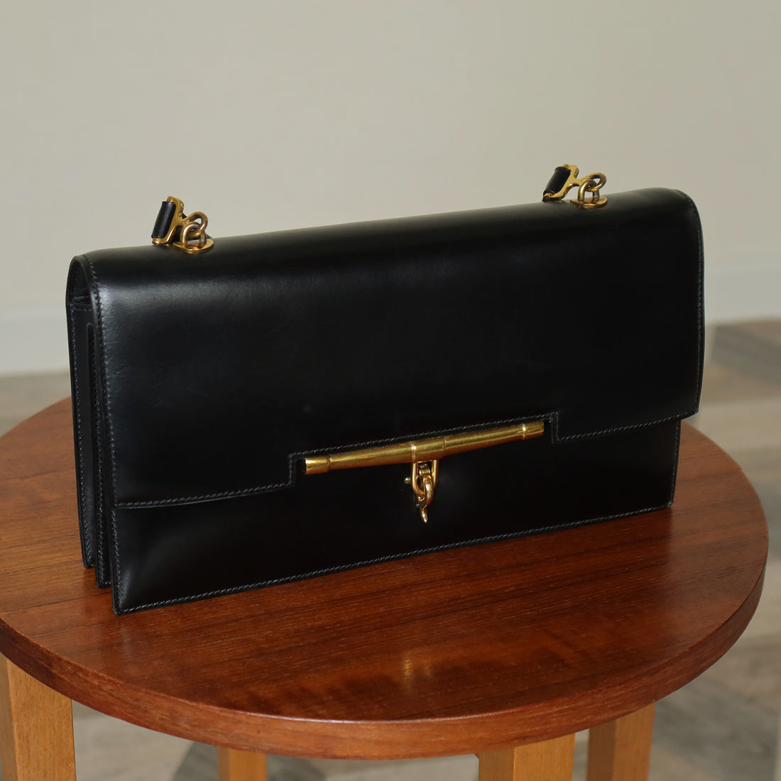 Vintage Hermes 1950s Black Box Calf Leather Shoulder Bag