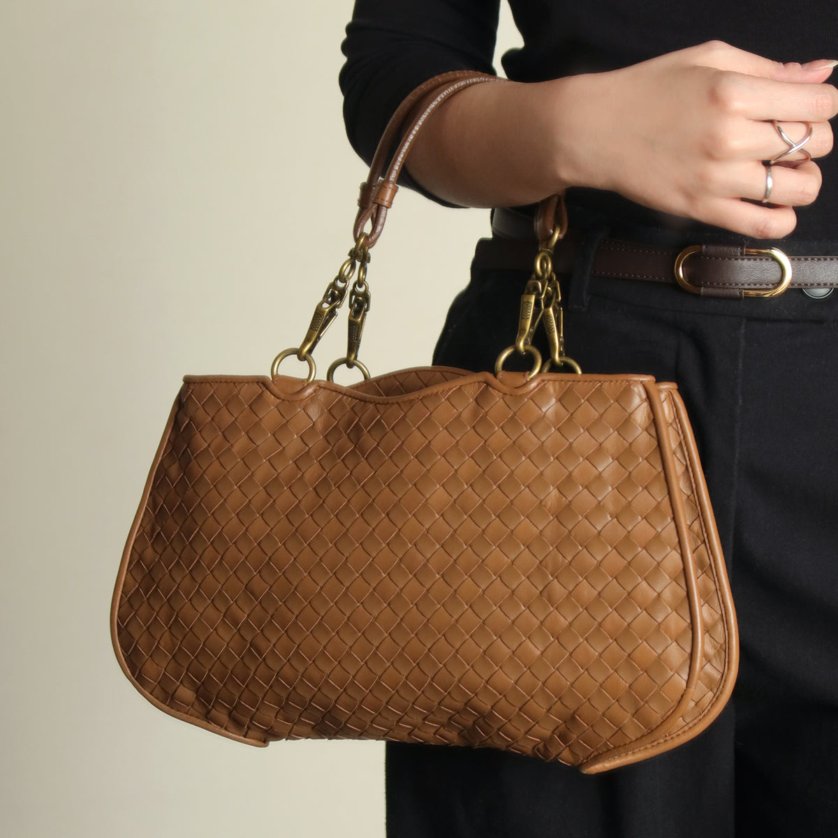 Bottega Veneta Vintage Caramel Brown Intrecciato 2 way Top Handle Shoulder Bag