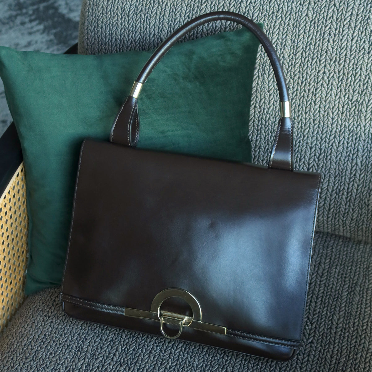 Loewe Vintage Dark Brown Leather Gancini Large Shoulder Flap Bag