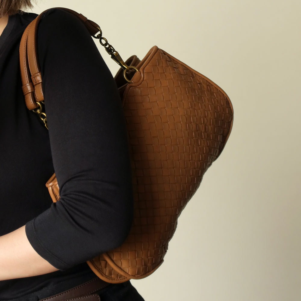 Bottega Veneta Vintage Caramel Brown Intrecciato 2 way Top Handle Shoulder Bag