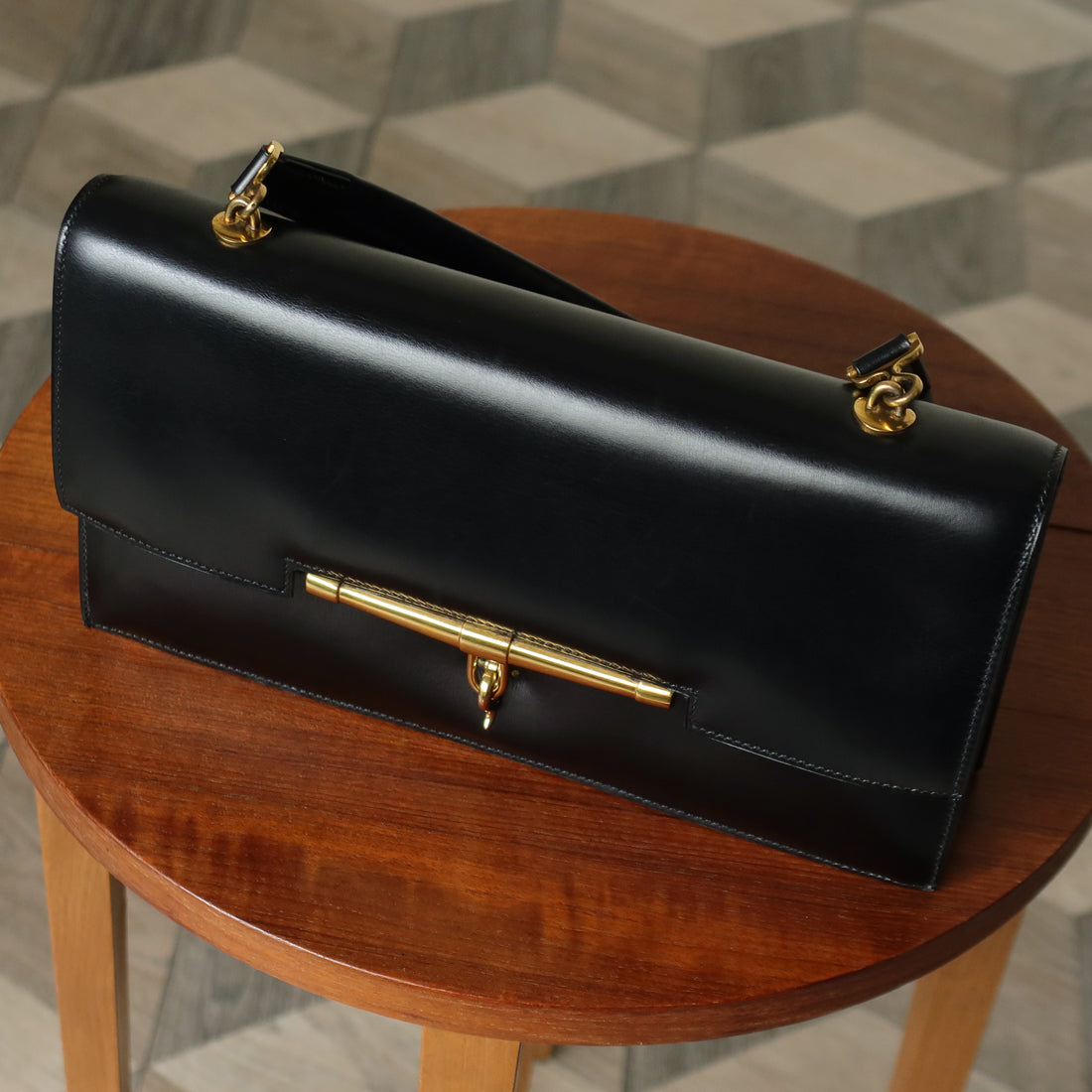 Vintage Hermes 1950s Black Box Calf Leather Shoulder Bag