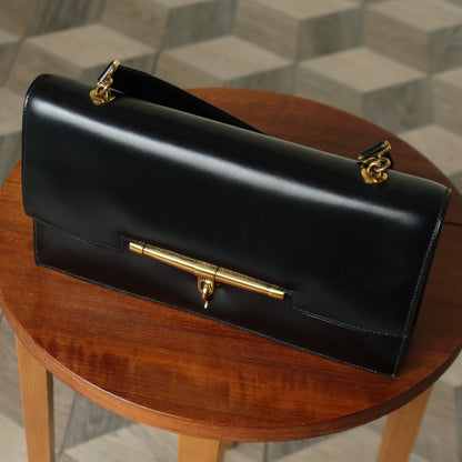 Vintage Hermes 1950s Black Box Calf Leather Shoulder Bag