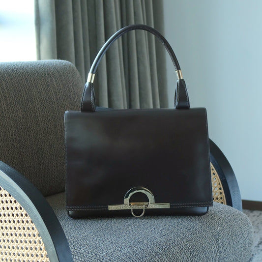 Loewe Vintage Dark Brown Leather Gancini Large Shoulder Flap Bag