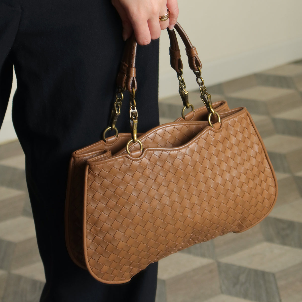 Bottega Veneta Vintage Caramel Brown Intrecciato 2 way Top Handle Shoulder Bag