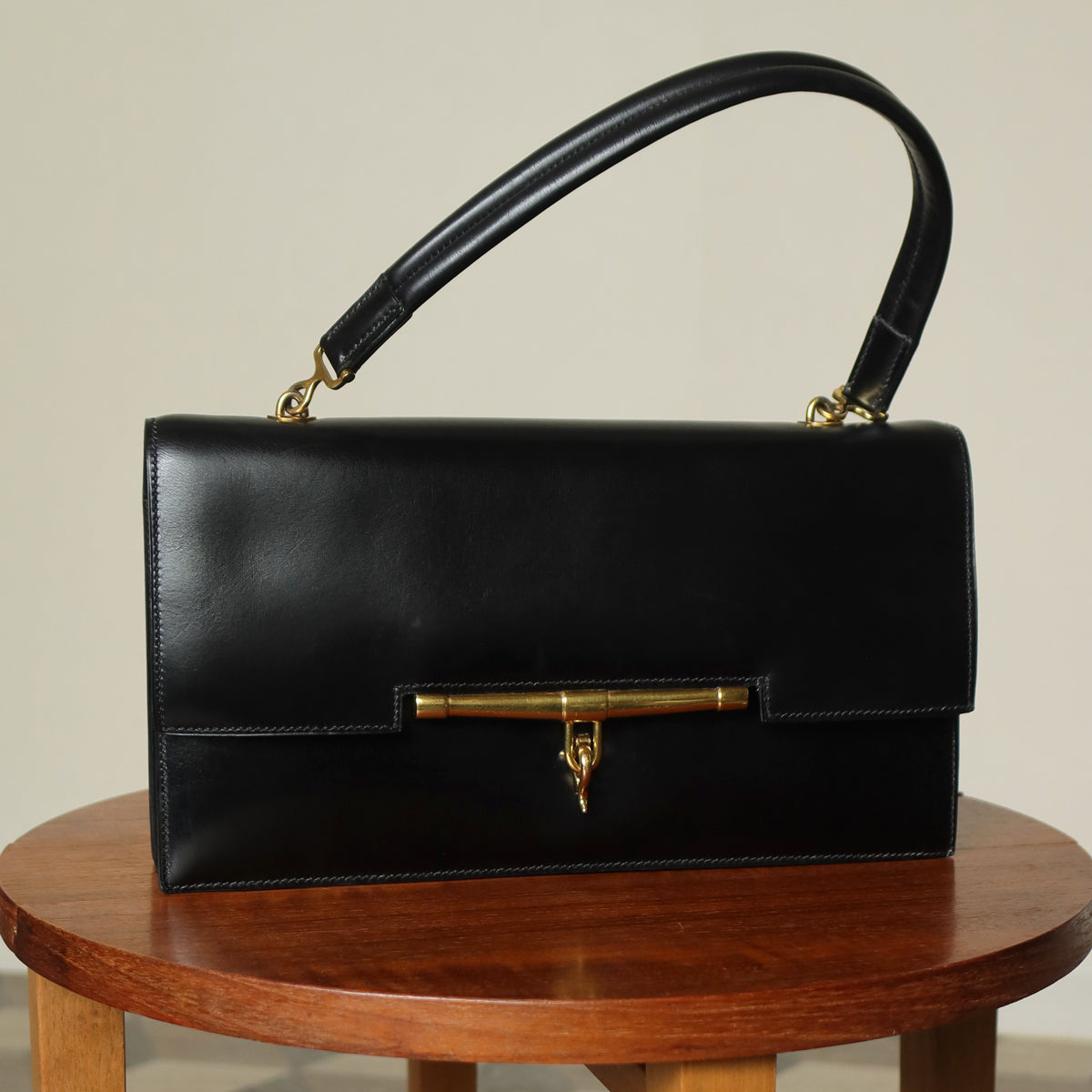 Vintage Hermes 1950s Black Box Calf Leather Shoulder Bag