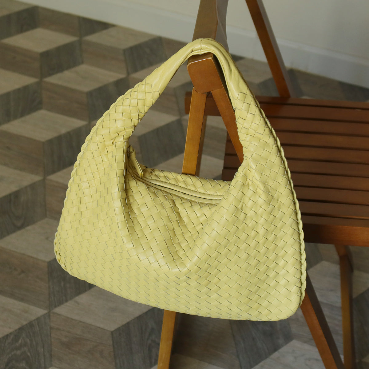 Bottega Veneta Vintage Butter Yellow Intrecciato Weave Ebano Hobo Shoulder Bag M