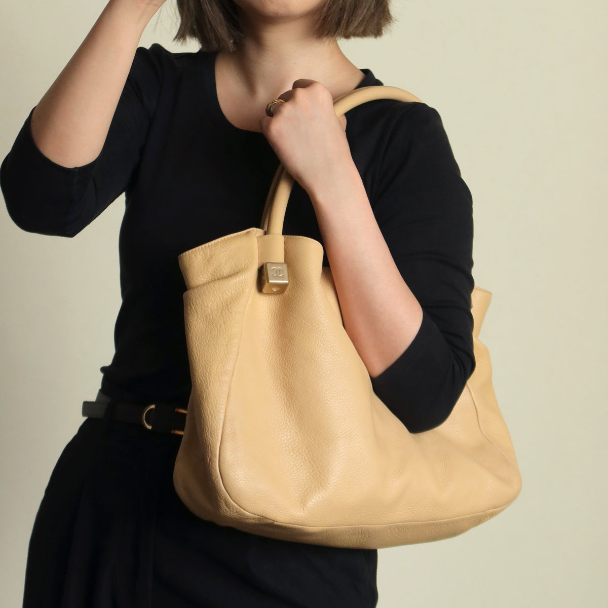Chanel Vintage Light Beige Calfskin Leather Coco Dice Medium Hobo Shoulder Bag