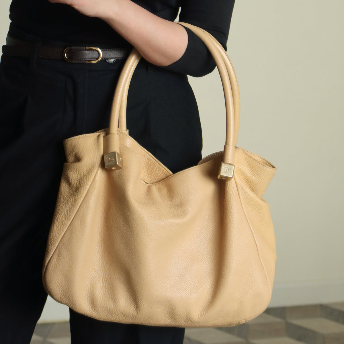 Chanel Vintage Light Beige Calfskin Leather Coco Dice Medium Hobo Shoulder Bag