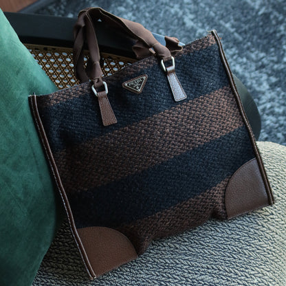 Prada Vintage Brown Black Wool Tweed x Leather Flat Tote Bag