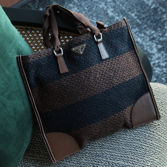 Prada Vintage Brown Black Wool Tweed x Leather Flat Tote Bag