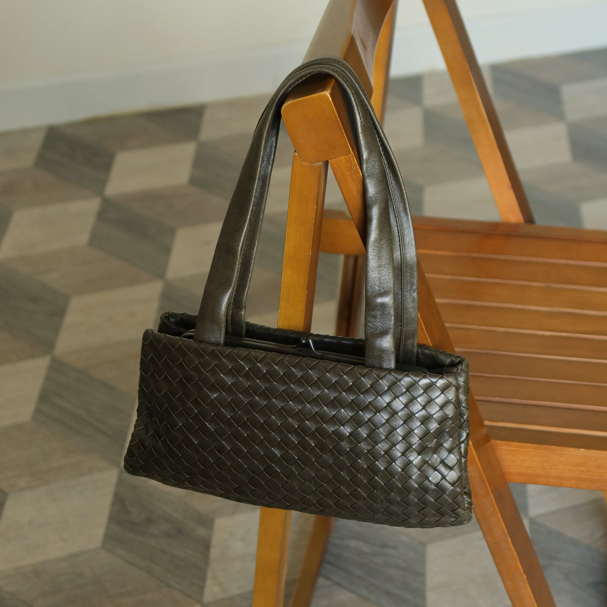 Bottega Veneta Vintage Dark Olive Intrecciato Weave Kiss Lock Mini Shoulder Bag