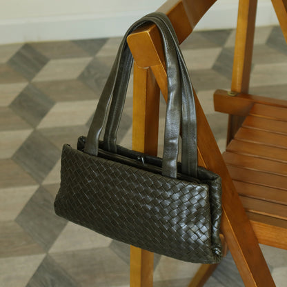 Bottega Veneta Vintage Dark Olive Intrecciato Weave Kiss Lock Mini Shoulder Bag
