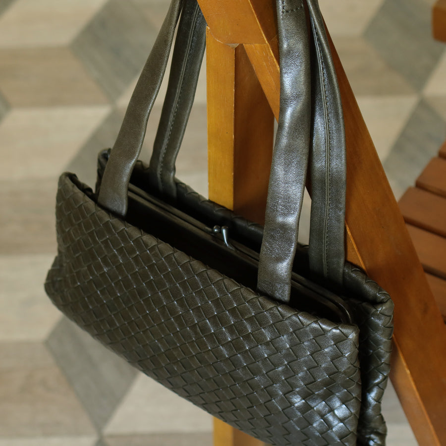 Bottega Veneta Vintage Dark Olive Intrecciato Weave Kiss Lock Mini Shoulder Bag
