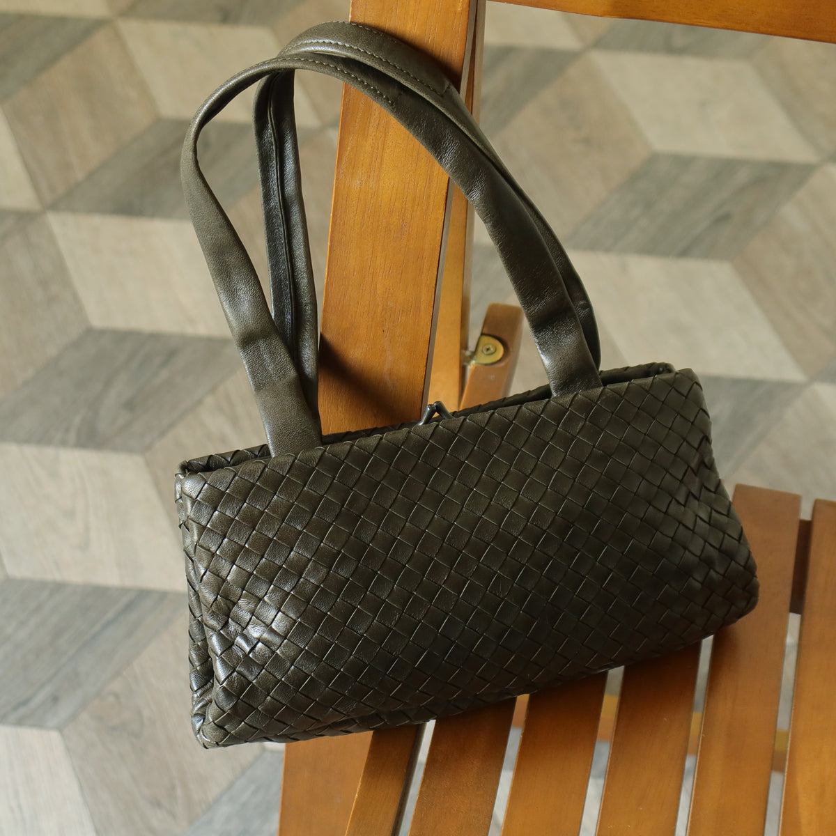 Bottega Veneta Vintage Dark Olive Intrecciato Weave Kiss Lock Mini Shoulder Bag