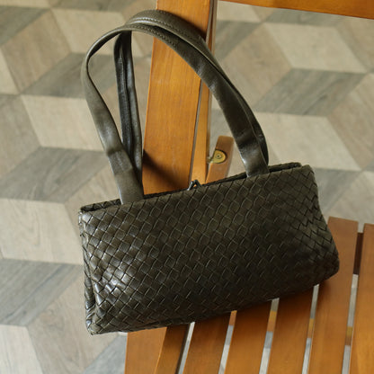 Bottega Veneta Vintage Dark Olive Intrecciato Weave Kiss Lock Mini Shoulder Bag