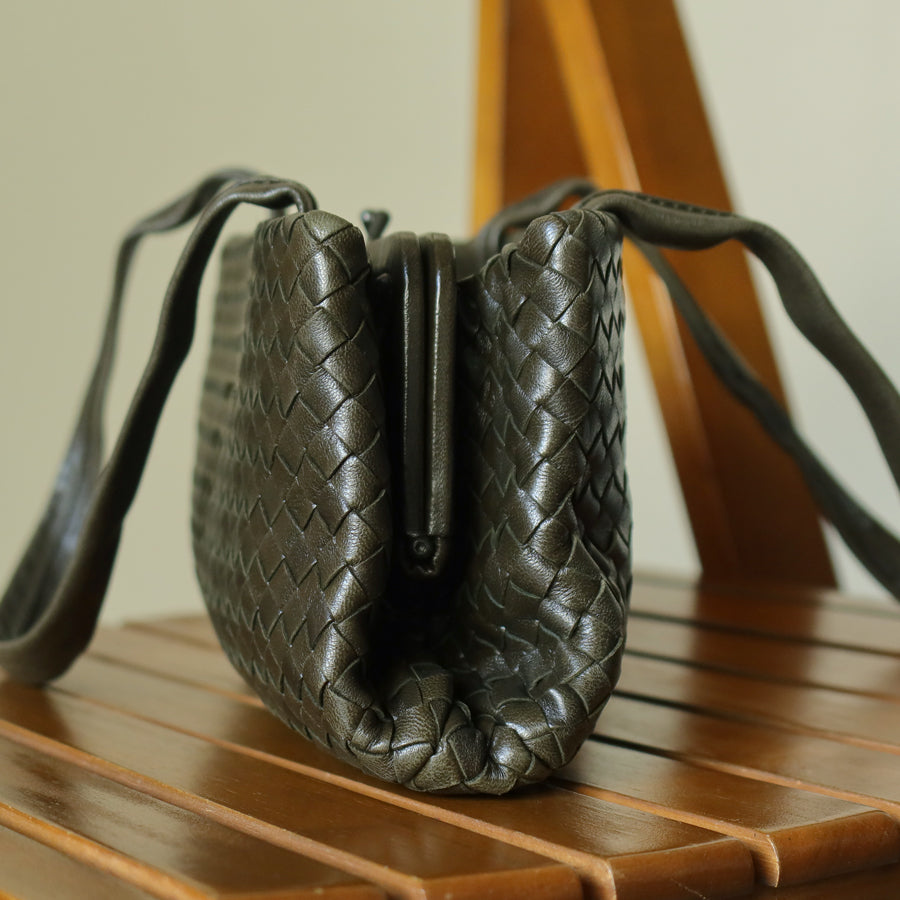 Bottega Veneta Vintage Dark Olive Intrecciato Weave Kiss Lock Mini Shoulder Bag