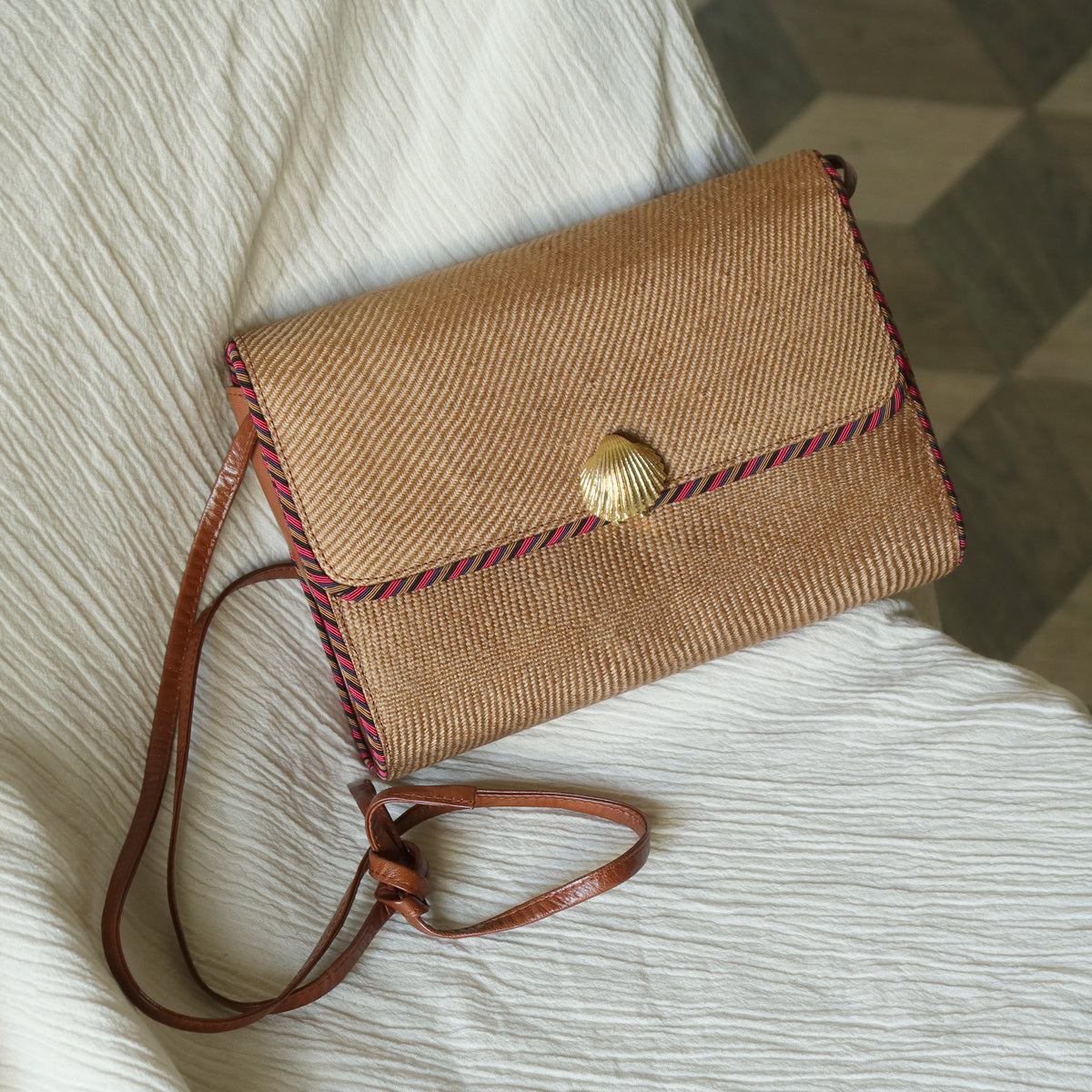 Bottega Veneta Vintage Brown Straw Leather 2way Clutch Shoulder Flap Bag