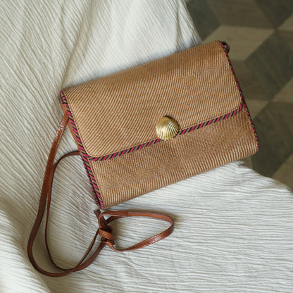 Bottega Veneta Vintage Brown Straw Leather 2way Clutch Shoulder Flap Bag