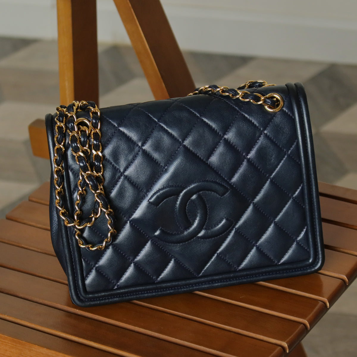 Chanel Vintage Lambskin Matelasse Diamond Quilted CC mark Double Chain Flap Bag