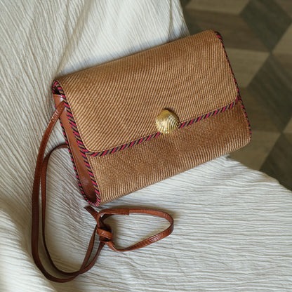 Bottega Veneta Vintage Brown Straw Leather 2way Clutch Shoulder Flap Bag
