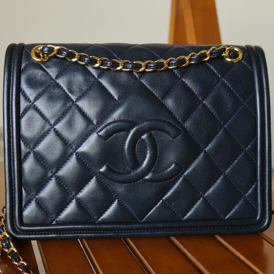 Chanel Vintage Lambskin Matelasse Diamond Quilted CC mark Double Chain Flap Bag