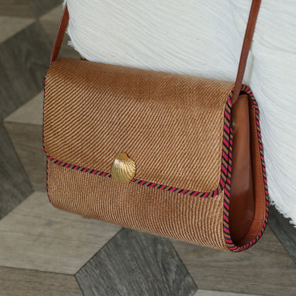 Bottega Veneta Vintage Brown Straw Leather 2way Clutch Shoulder Flap Bag