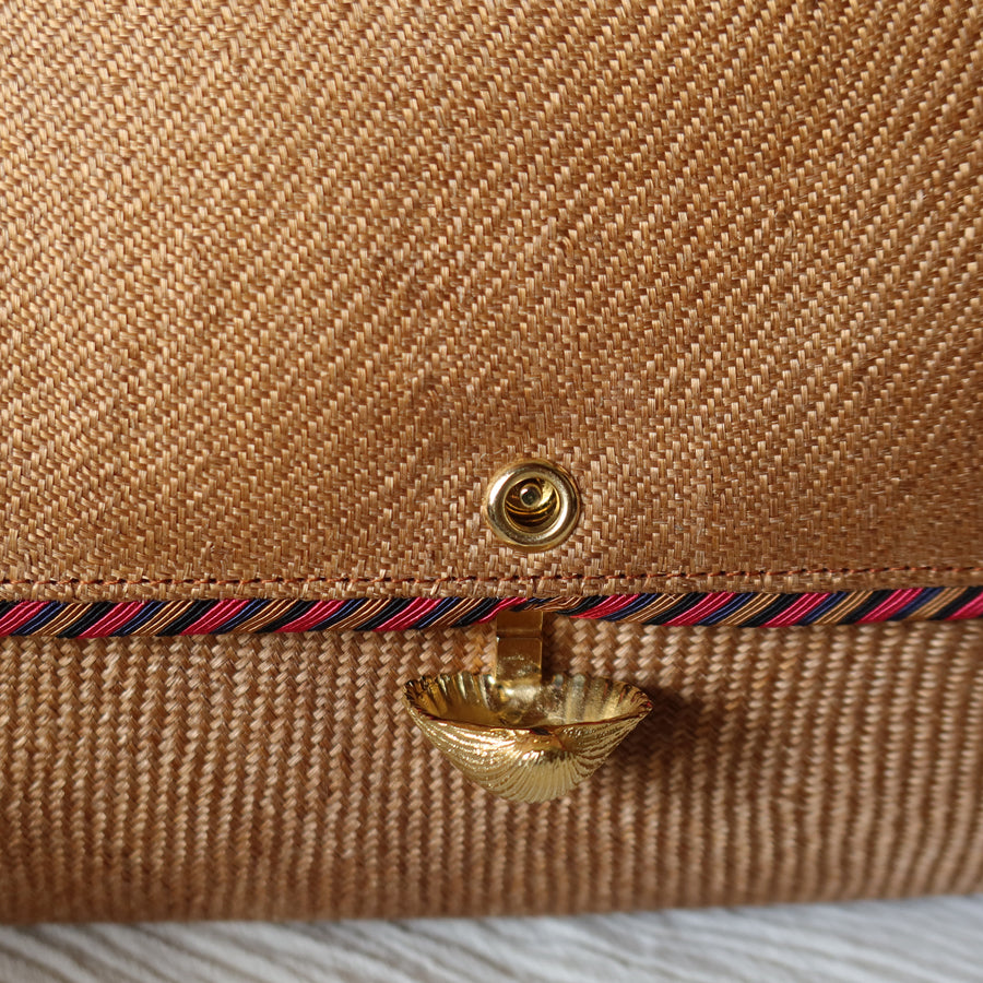 Bottega Veneta Vintage Brown Straw Leather 2way Clutch Shoulder Flap Bag