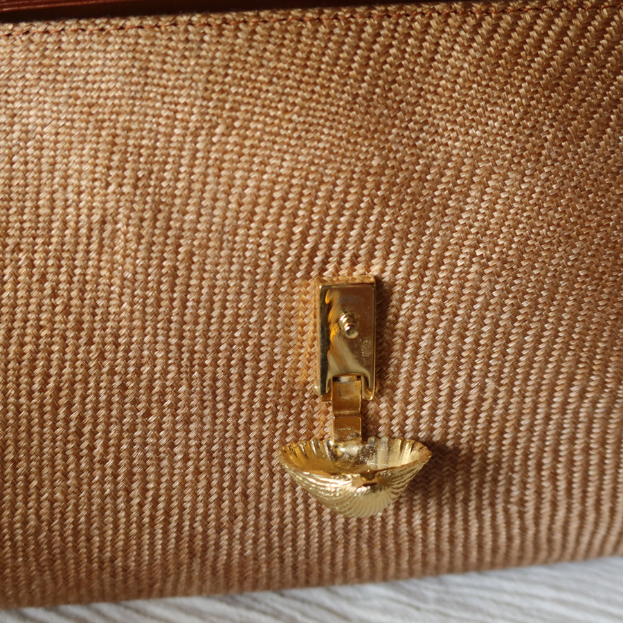 Bottega Veneta Vintage Brown Straw Leather 2way Clutch Shoulder Flap Bag