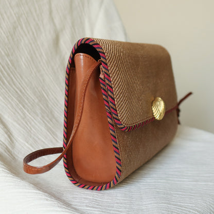 Bottega Veneta Vintage Brown Straw Leather 2way Clutch Shoulder Flap Bag