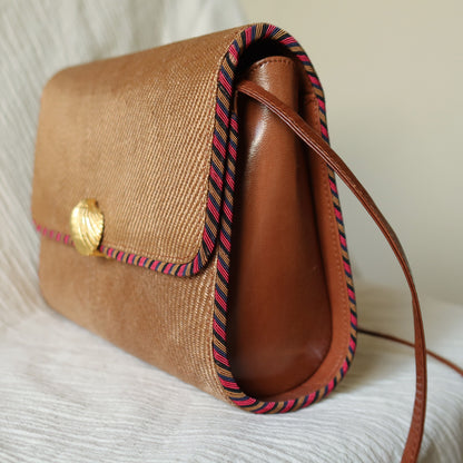 Bottega Veneta Vintage Brown Straw Leather 2way Clutch Shoulder Flap Bag
