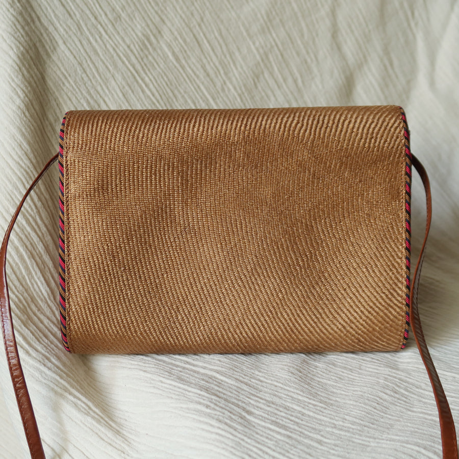 Bottega Veneta Vintage Brown Straw Leather 2way Clutch Shoulder Flap Bag